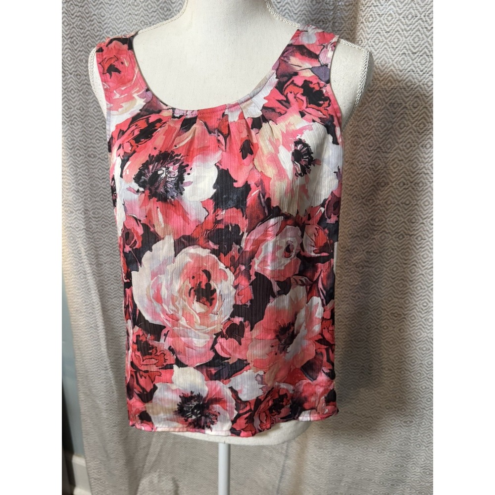 Kasper Separates Pink White Black Floral Sleeveless Blouse Medium